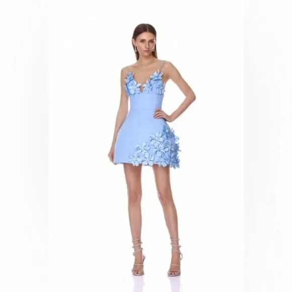 NWOT BRONX AND BANCO Emma Powder Blue Floral Mini Dress, Wedding Guest dress - Picture 2 of 11